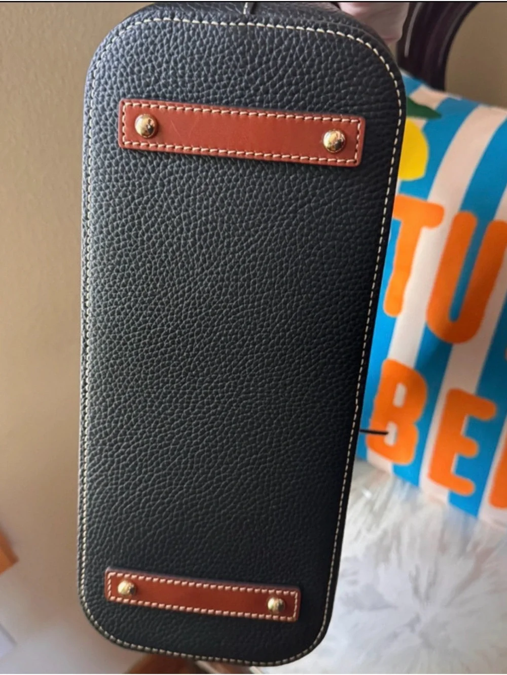 Dooney & Bourke Black Pebbled Leather Shoulder Bag with Brown Trim